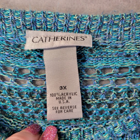 Catherines Womens 3X Blue Open Knit Short Sleeve Sweater Top Plus Size Textured - Picture 2 of 8